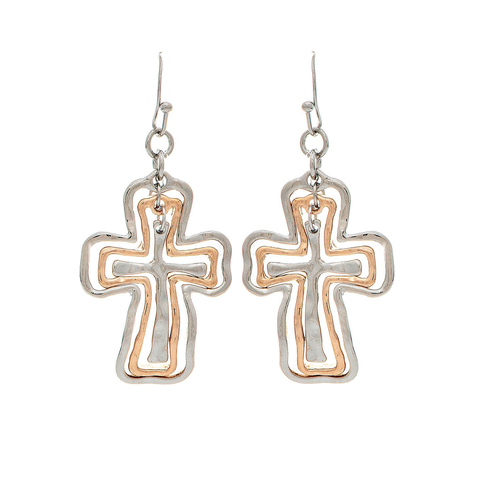 Rain Dangle Earrings, Layered Crosses - Two Tone (E3214TT)