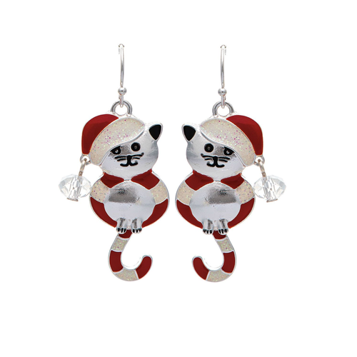 Rain Dangle Earrings, Swinging Tail Christmas Cat (XME68)