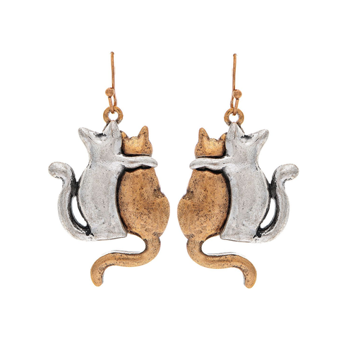 Rain Dangle Earrings, Furry Friends Cats - Two Tone (E3617TT)