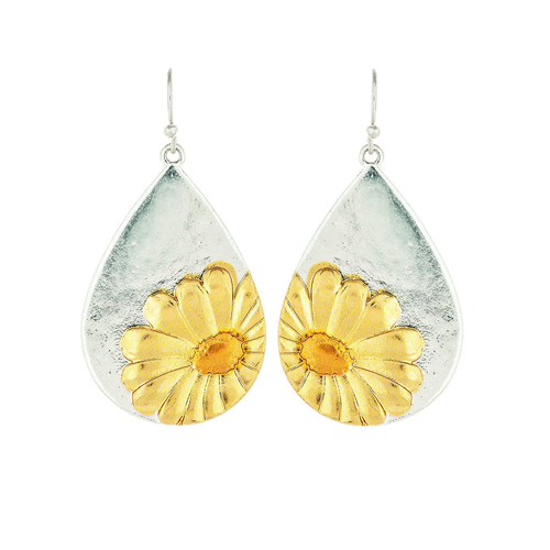 Rain Dangle Earrings, Daisy Teardrop - Two Tone (E2193TT)