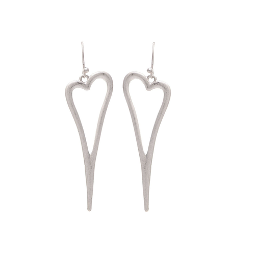 Rain Dangle Earrings, Long Heart - Silver (E3464S)