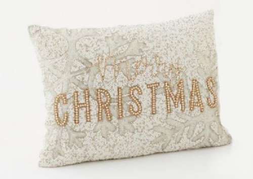 One Hundred 80 Degrees White & Gold Beaded Pillow, Merry Christmas (SI039A)