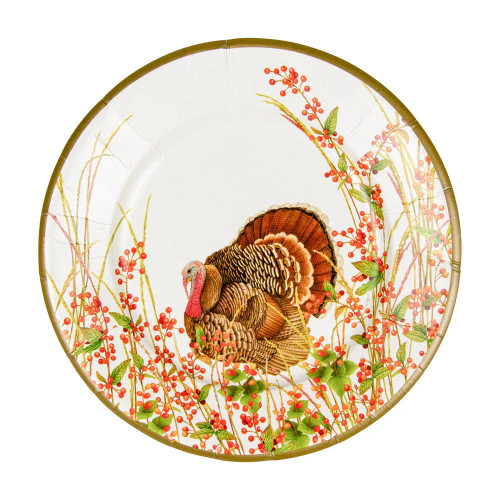 Caspari Round Paper Salad/Dessert Plates, Turkey and Berries - 2 Packs (18240SP)