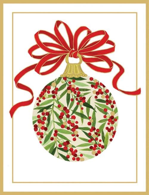 Caspari Foil Christmas Cards Boxed, Berry Decorated Ornament - 10 Cards & Envelopes (100231)
