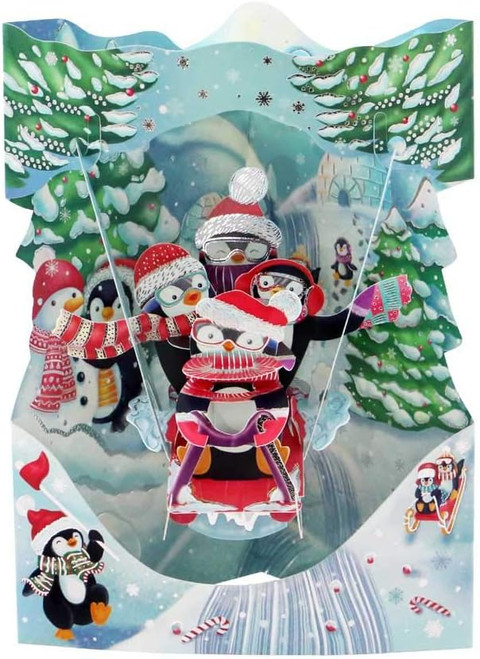 SANTORO Swing Card, Christmas 3D Pop Up Card - Sledging Penguins (XSC206)