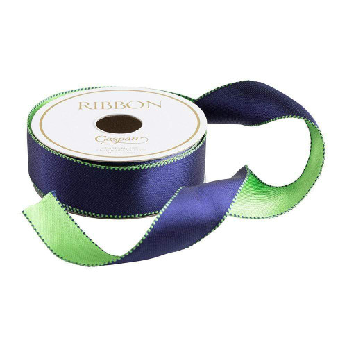 Caspari Reversible Satin Ribbon, Navy/Green - 10 Yards (R947)