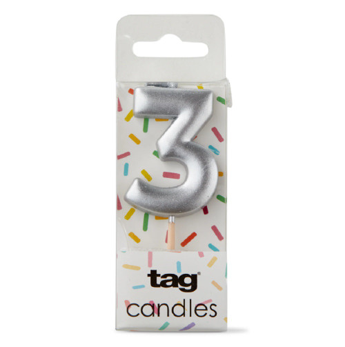 TAG Metallic Silver Digit Candle - "3" (G21930-S3)