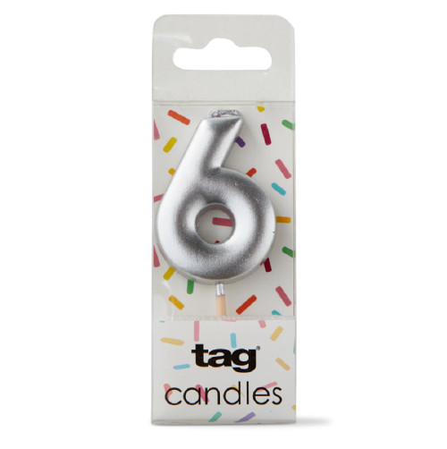 TAG Metallic Silver Digit Candle - "6" (G21930-S6)