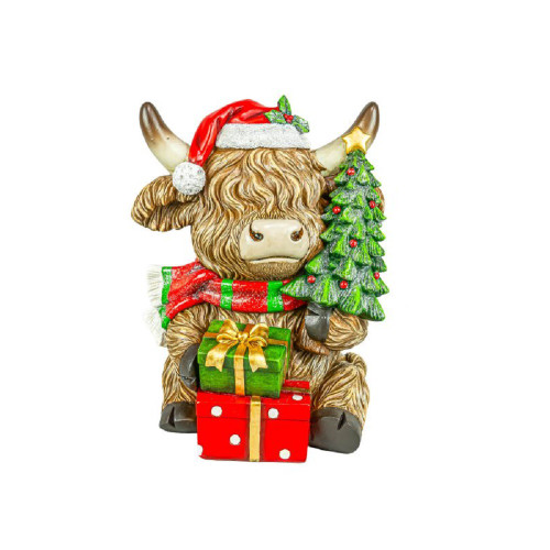 Hanna's Handiworks Holly Jolly Large Highland Cow Sitter with Tree (16276A)
