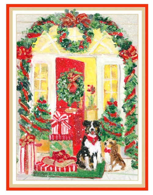 Caspari Boxed Christmas Cards, Open Door With Dogs - 15 Cards (106213)