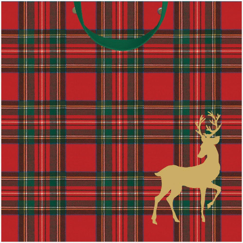 Caspari Medium Square Gift Bag, Royal Plaid Reindeer (10145B13)