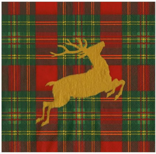 Caspari Paper Beverage Napkins, Reindeer Tartan Red - 2 Packs (18630C)