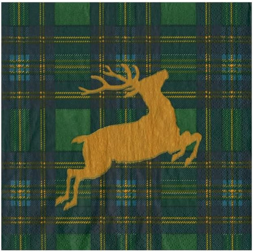 Caspari Paper Beverage Napkins, Reindeer Tartan Green - 2 Packs (18631C)