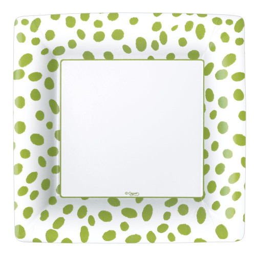 Caspari Square Paper Dinner Plates, Green Spots, 2 Pack (14591DP)