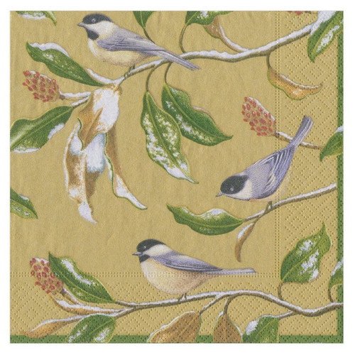 Caspari Paper Luncheon Napkins, Chickadee and Magnolia Gold - 2 Packs (14830L)