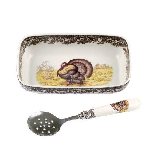 Portmeirion Spode Cranberry Dish With Slotted Spoon, Woodland Turkey (1606364)