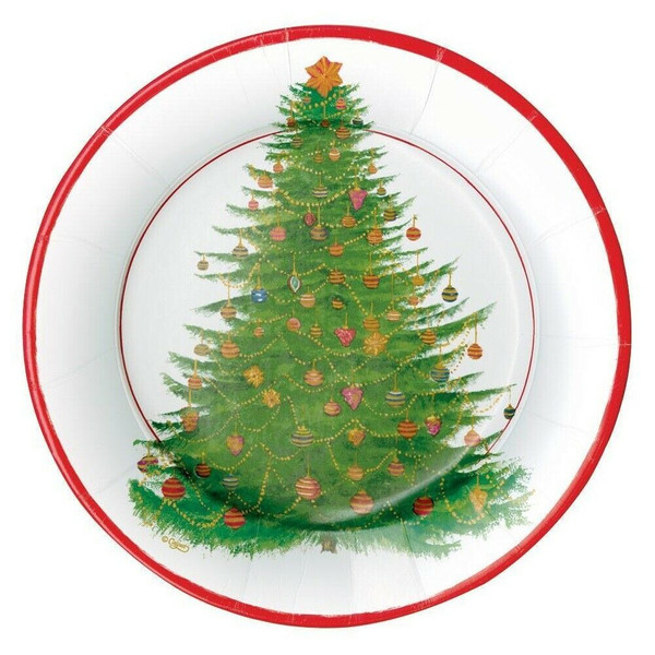 Caspari Round Paper Salad/Dessert Plates, Glittering Tree White - 2 Packs (14710SP)