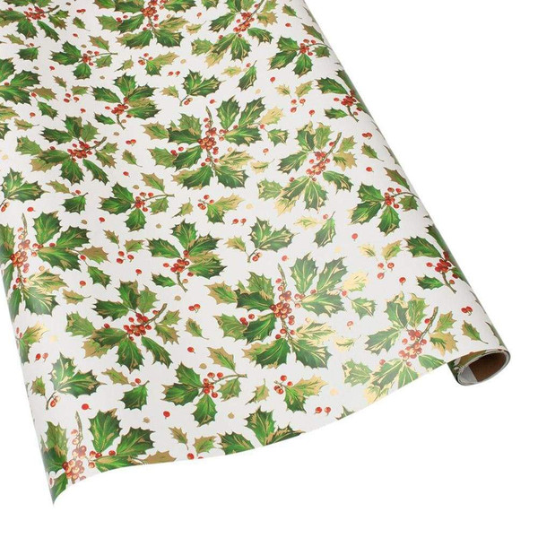 Caspari 8' Continuous Gift Wrap Roll, Gilded Holly - White (9670RC)