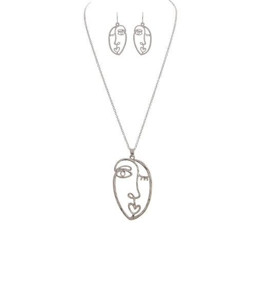 Rain Silver Picasso Face Necklace and Earring Set