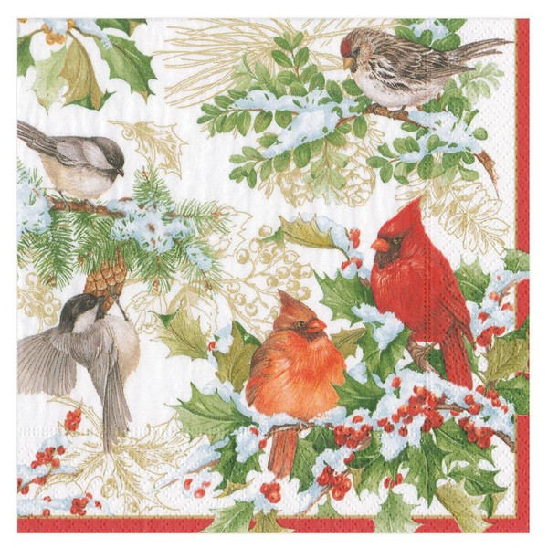 Caspari Paper Beverage Napkins, Christmas Birds and Greenery - 2 Packs (16190C)