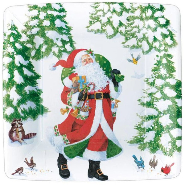 Caspari Square Paper Salad/Dessert Plates, Woodland Santa - 2 Packs (16100SP)