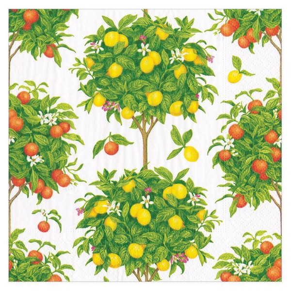 Caspari Paper Beverage Napkins, Citrus Topiaries White, 2 Pack (16380C)