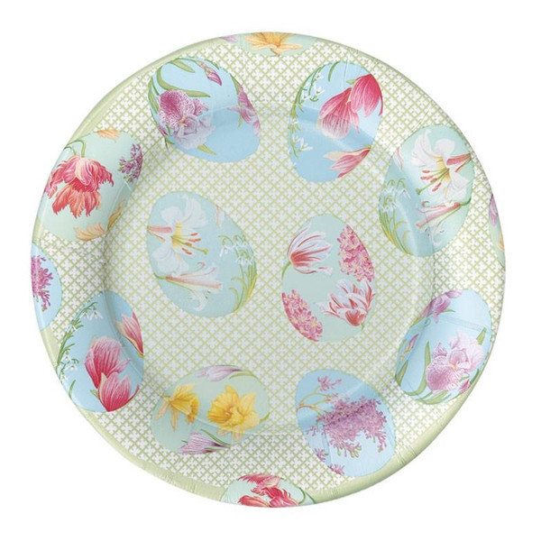 Caspari Round Paper Salad/Dessert Plates, Floral Decorated Eggs - 2 Packs (15690SP)