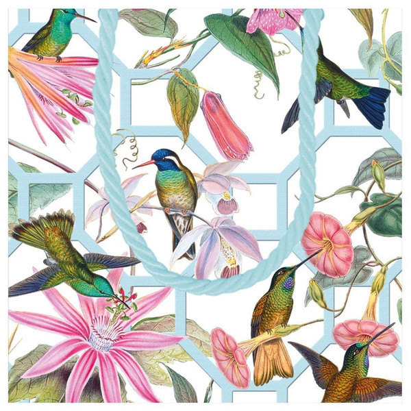Caspari Small Square Gift Bag, Hummingbird Trellis