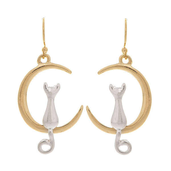 Rain Dangle Earrings, Cat in Moon - Two Tone (E2908TT)