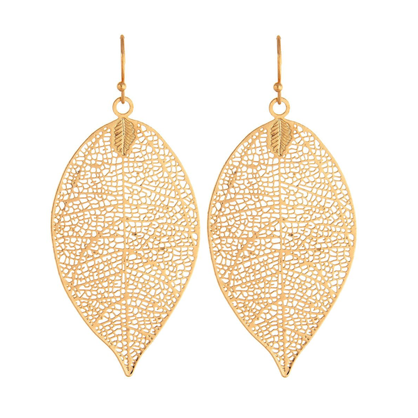 Rain Dangle Earrings, Mesh Leaf - Gold (E1150G)