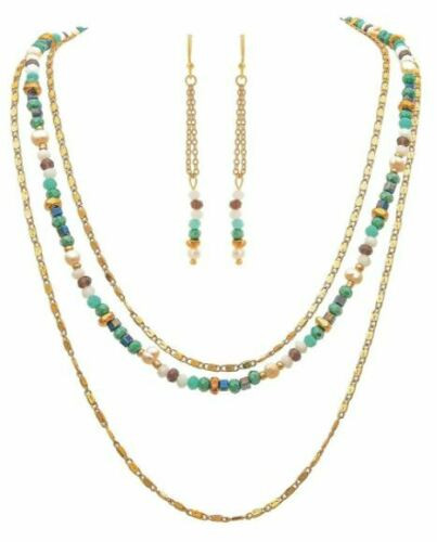 Rain Gold 3 Layer Blue/White Beaded Necklace Set