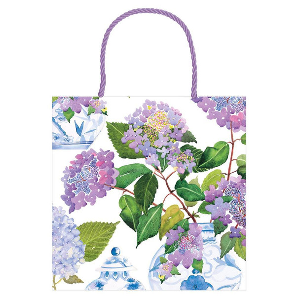 Caspari Small Square Gift Bag, Hydrangeas & Porcelain