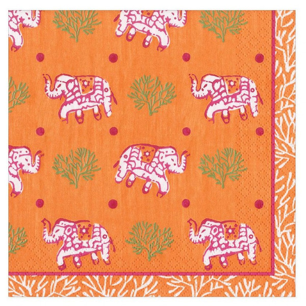 Caspari Paper Beverage Napkins, Batik Elephants Orange - 2 Packs (16460C)