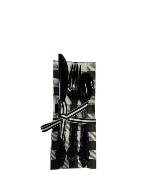 180 Degrees Plastic Flatware with Napkin, Black Gingham (XW0018-BLACK)