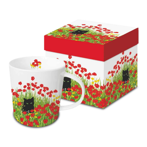 Paperproducts Design Gift-Boxed Mug, Black Cat with Poppies
