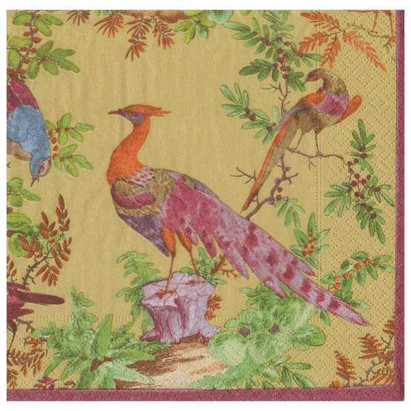 Caspari Paper Beverage Napkins, Chelsea Birds Gold - 2 Packs (16580C)