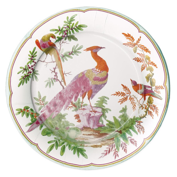 Caspari Round Paper Dinner Plates, Chelsea Birds Celadon - 2 Packs (16581DP)