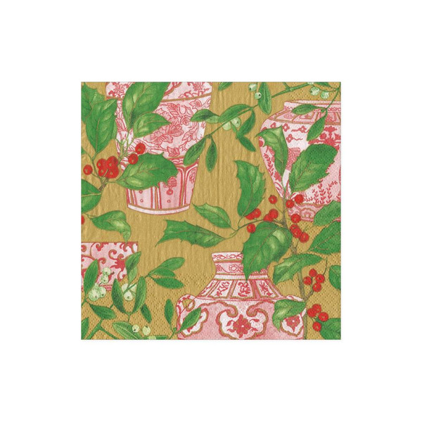 Caspari Paper Beverage Napkins, Holly & Porcelain - 2 Packs (16600C)