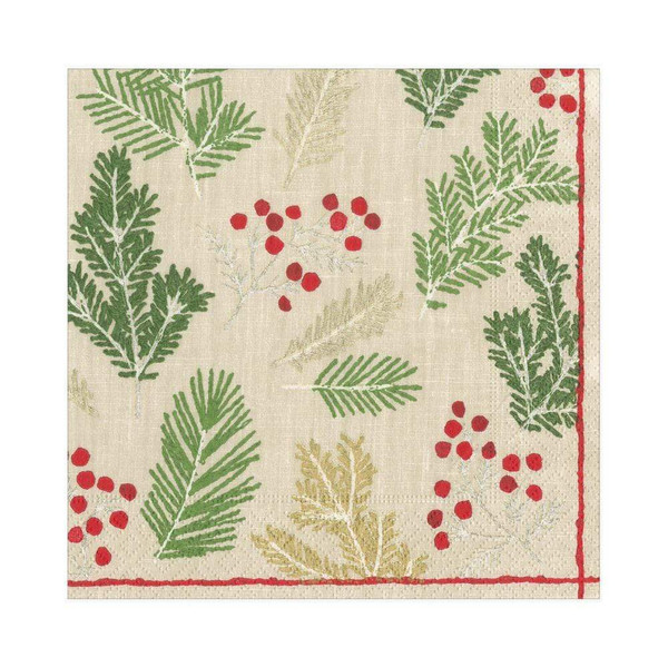 Caspari Paper Luncheon Napkins, Sprigs and Berries in Linen, 2 Pack (16690L)