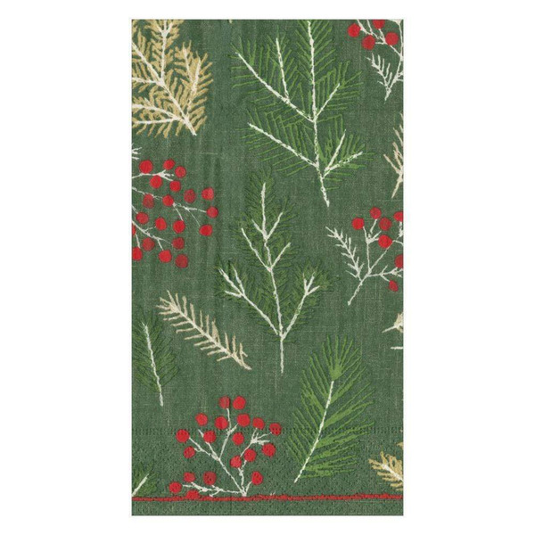 Caspari Paper Guest Towel Napkins, Sprigs & Berries in Evergreen - 2 Packs (16690G)
