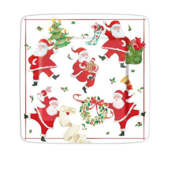 Caspari Square Paper Salad/Dessert Plates, Dancing Santas - 2 Packs (16670SP)