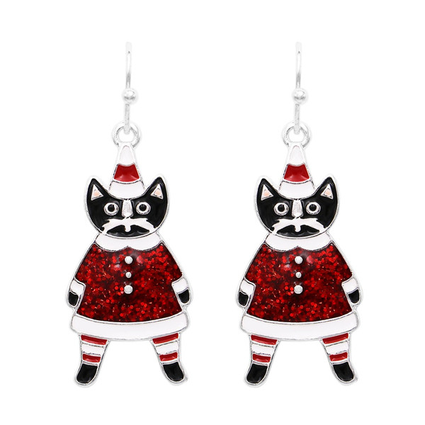 Rain Silver & Red Sparkle Santa Kitty Earrings