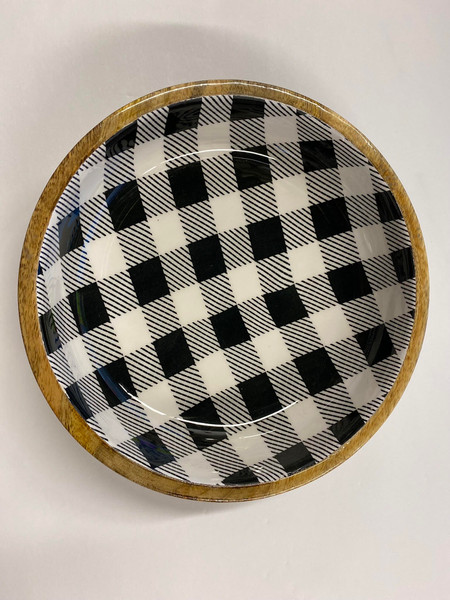 One Hundred 80 Degrees, 8" Low Wood Bowl, Black Gingham (SI0627A)