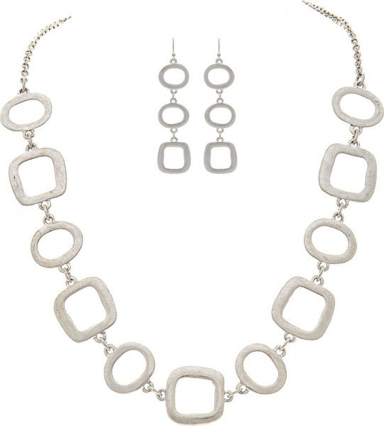 Rain Necklace & Earrings Set, Squares & Circles - Silver (N2342S)