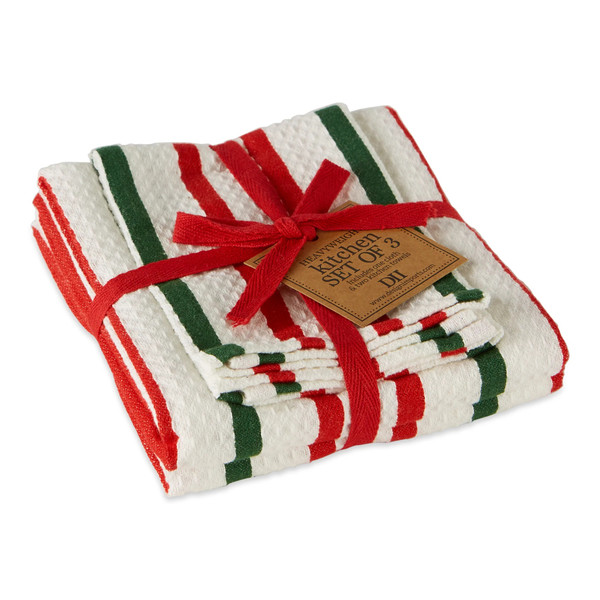 Design Imports India Heavyweight Dishcloths, Holiday Stripe - Set of 3
