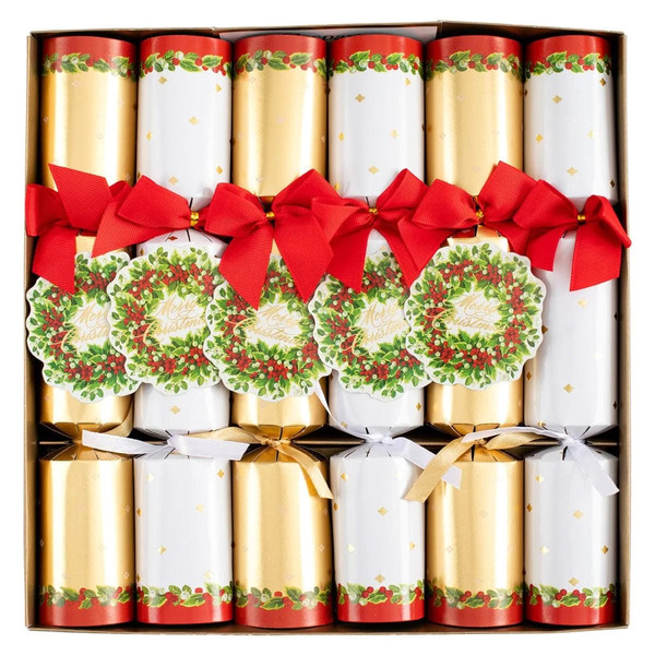 Caspari Celebration Crackers, Holly And Berry Wreath - Box of 6 (CK149.12)