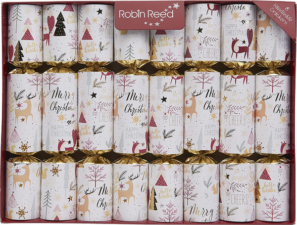 Robin Reed 10" Crackers, Cheerful Reindeer, Gold Cream, Set of 8 (52121)