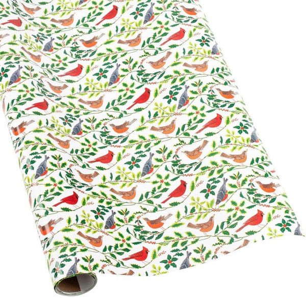 Caspari Gift Wrap,  Songbirds and Holly - White (9816RC)