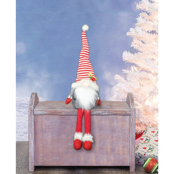 Hanna's Handiworks Dangle Leg Striped Santa Gnome, Gray Shirt