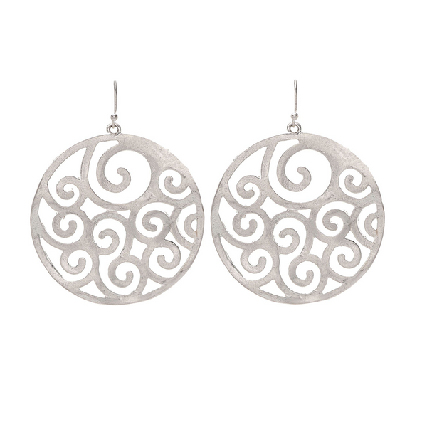 Rain Dangle Earrings, Wavy Swirl Circle - Silver (E2476S)